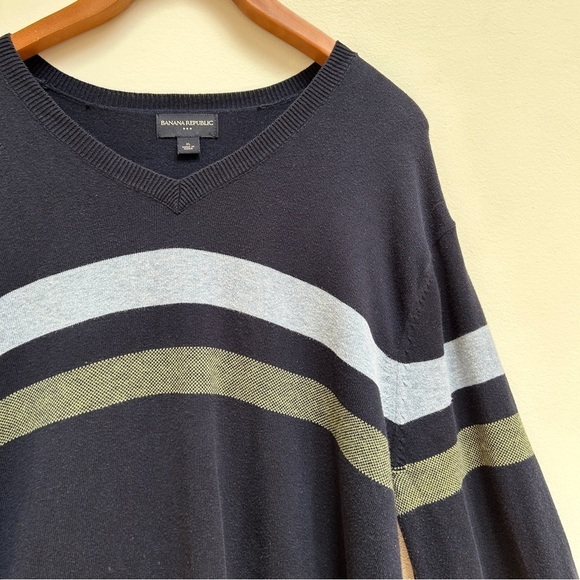 Banana Republic Men’s Cotton Striped Pullover Navy V Neck Sweater, Size XL - Picture 4 of 12